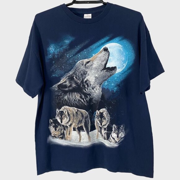 Unknown Other - Y2K Wolf Pack Full Moon T-Shirt Men's XL Blue Graphic Short-Sleeve Nature Tee